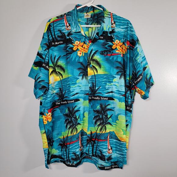 Rima Hawaiian Shirt Tropical Aloha St Martin Button Up Men XL Sunset Palms Ocean - Picture 1 of 8